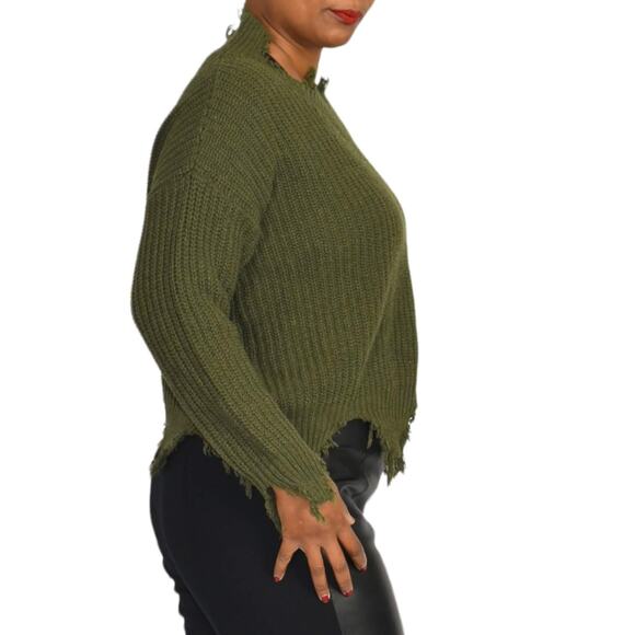 Seek the Label Distressed Sweater Olive Green Ribbed Knit Pullover Size Medium - Picture 3 of 13